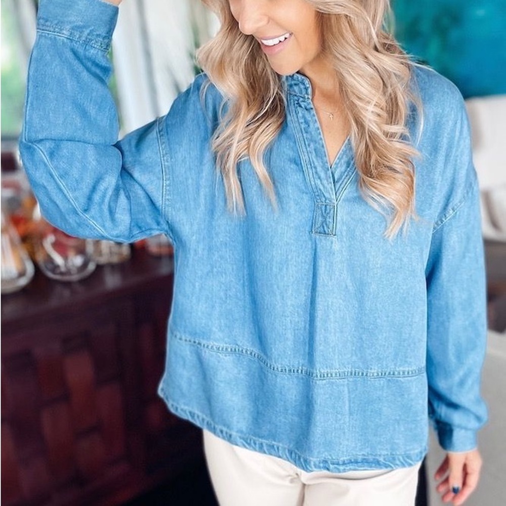 Blu Pepper Blue Boxy Button Down Polo Blouse